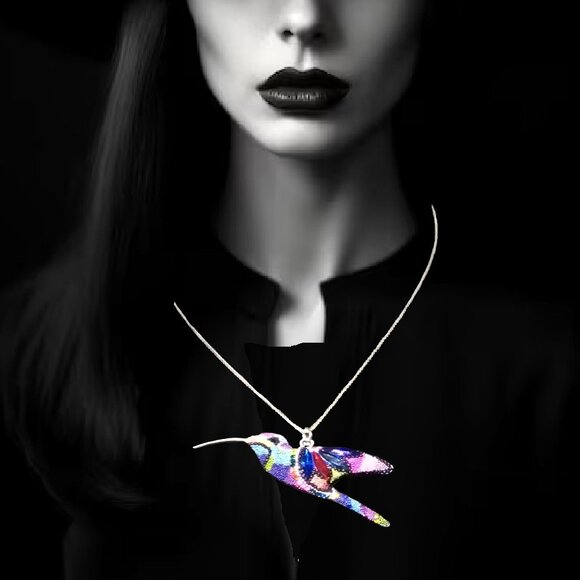 Sterling Silver 925 Beaded Mosaic Hummingbird Pendant Jewelry Necklace - Picture 1 of 4